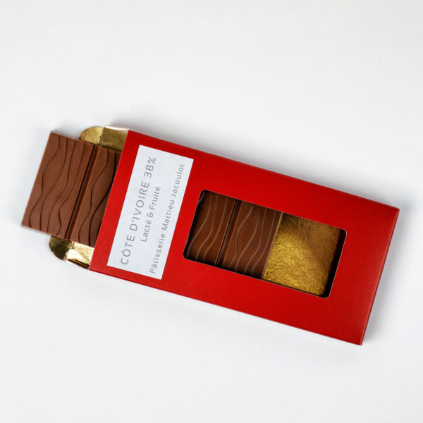 Tablette de chocolat Côte d'ivoire 38% avec une saveur lacté & fruité de la pâtisserie Jacoulot de Salins-les-Bains dans le Jura